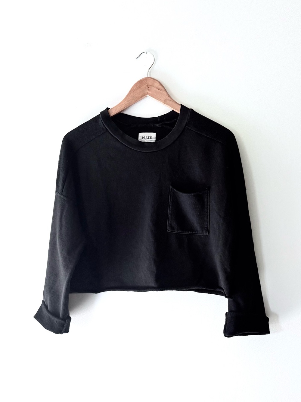 MATE The Label Black Cropped Raw Hem Organic Cotton w/Pocket Crew Sweatshirt Sm